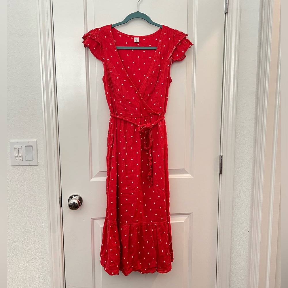 OLD NAVY • Dark orange polka dot tie waist midi dress • Size XS